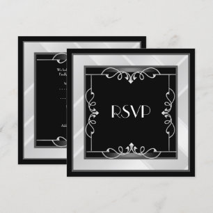 Invitation RSVP Élégant Noir Argent Blanc Art Déco