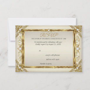 Invitation RSVP Elégant Or Crème Perle Damassé Anniversaire