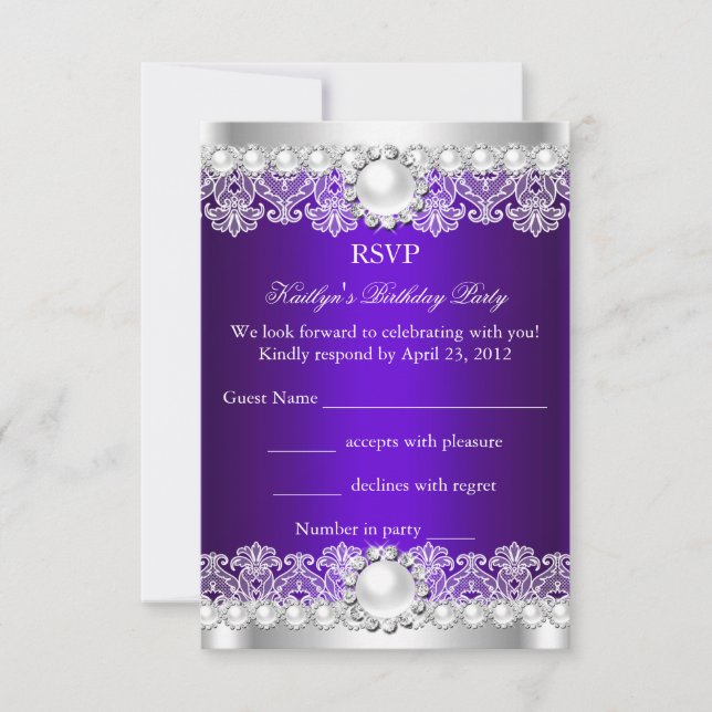 Invitation RSVP Élégant Violet Royal Dentelle Perle Anniversa (Devant)