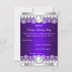 Invitation RSVP Élégant Violet Royal Dentelle Perle Anniversa