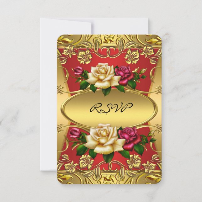 Invitation RSVP Elite Red Cream Roses Ornate Gold Anniversair (Devant)