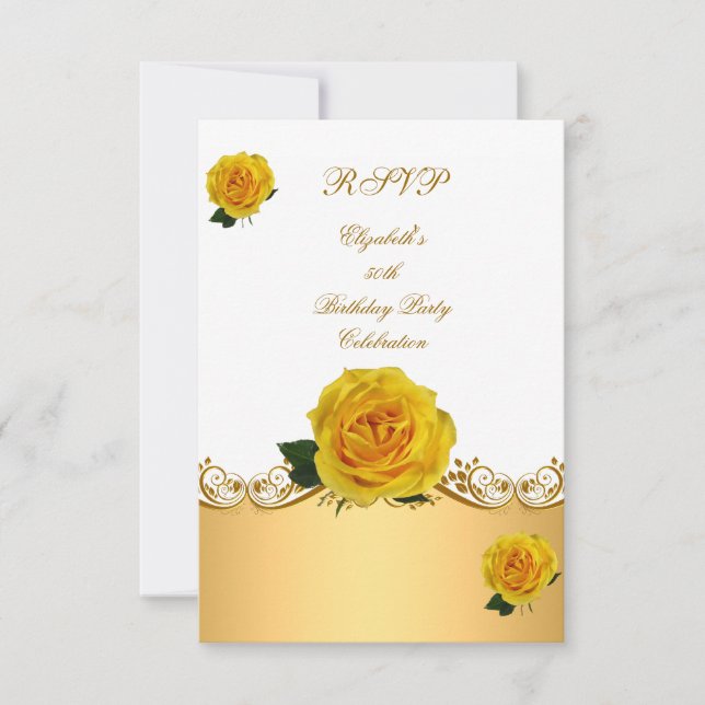 Invitation RSVP fête d'anniversaire Blanc Jaune Or Roses (Devant)
