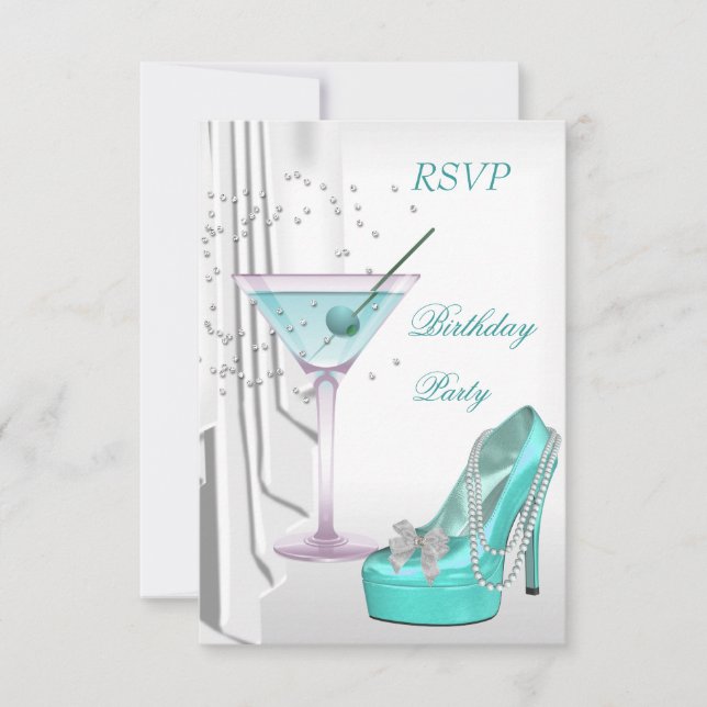 Invitation RSVP fête d'anniversaire Blanc Turquoise Martini P (Devant)