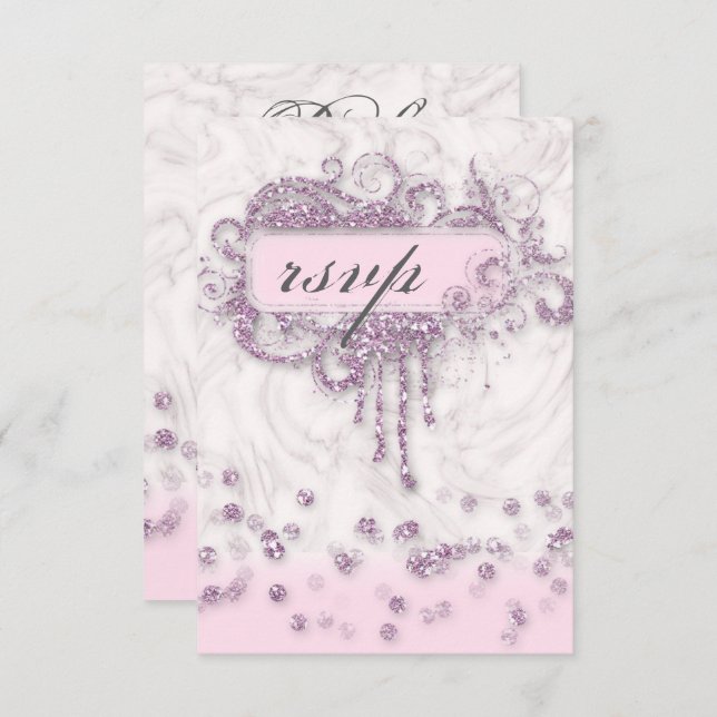 Invitation RSVP Fille Baby Shower Marbre Rose Paillettes Conf (Devant / Derrière)