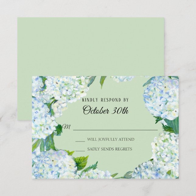 Invitation RSVP Fleurs de mariage blanc Hydrangea Menthe vert (Devant / Derrière)