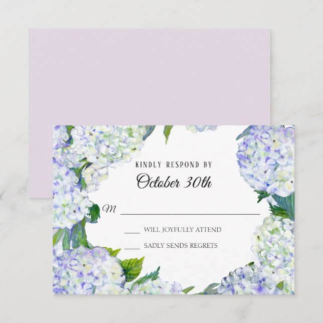 Invitation RSVP Fleurs de mariage Lilas et hydrangeas blancs (Devant / Derrière)