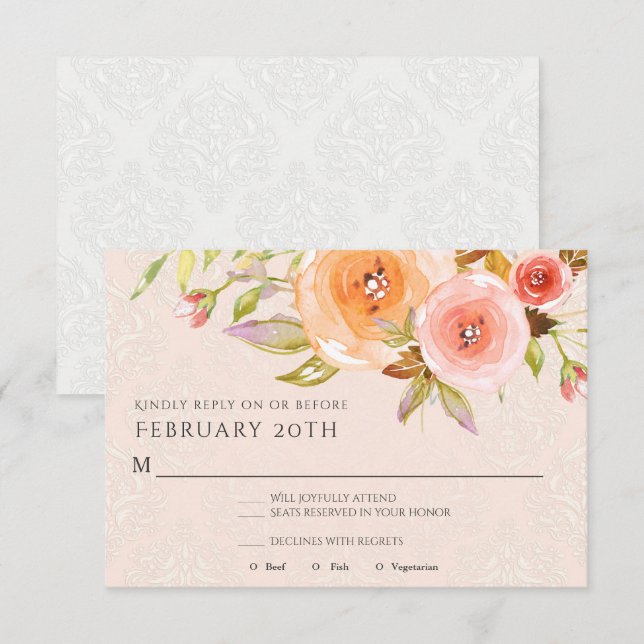 Invitation RSVP Fleurs de mariage rose blush aquarelle feuill (Devant / Derrière)
