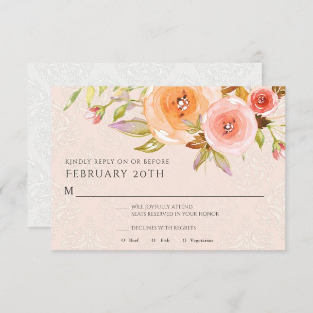 Invitation RSVP Fleurs de mariage Rose Fleur d'eau Foliage (Devant / Derrière)