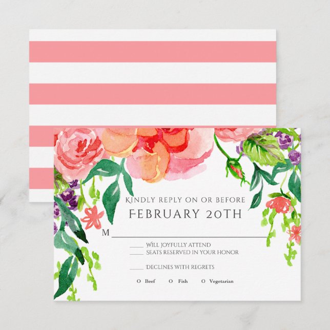 Invitation RSVP Fleurs de rose aquarelle moderne rayée de mar (Devant / Derrière)