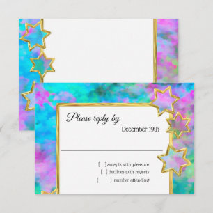 Invitation RSVP Gold Star Abstrait bleu vert rose