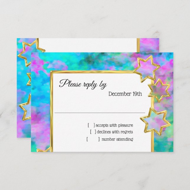 Invitation RSVP Gold Star Abstrait bleu vert rose (Devant / Derrière)
