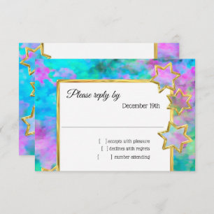 Invitation RSVP Gold Star Abstrait bleu vert rose