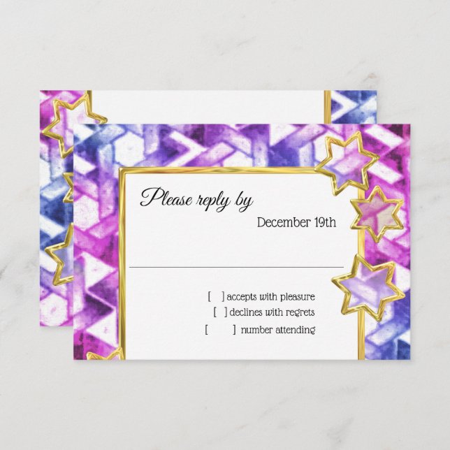 Invitation RSVP Gold Star Blue Purple Damask (Devant / Derrière)