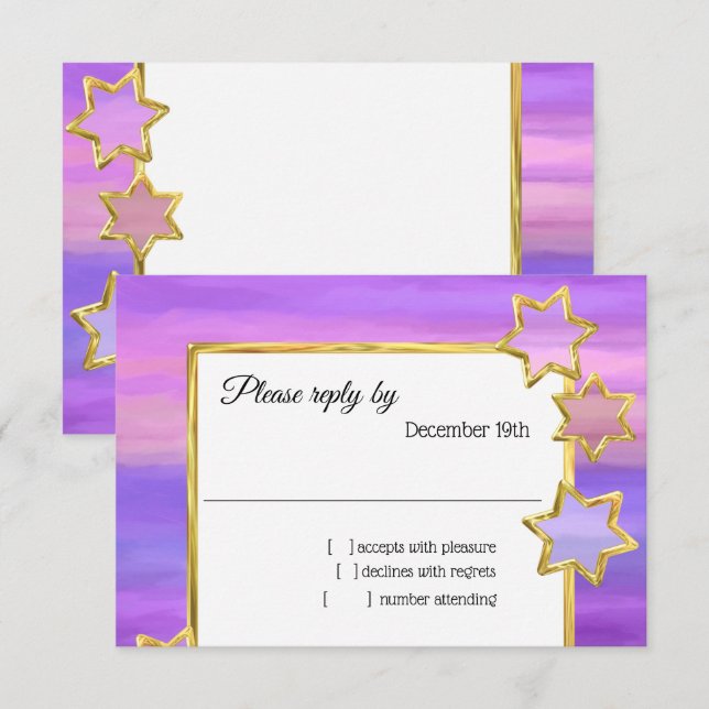 Invitation RSVP Gold Star Purple Pink Strips (Devant / Derrière)