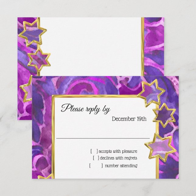 Invitation RSVP Gold Star Purple Rose Damas (Devant / Derrière)