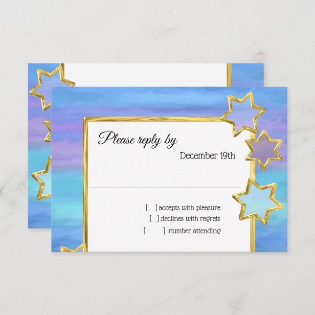 Invitation RSVP Gold Star Purple Turquoise Stripes (Devant / Derrière)