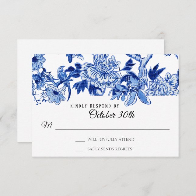 Invitation RSVP Influence Asiatique Blanc Bleu Floral Chinois (Devant / Derrière)