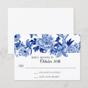 Invitation RSVP Influence asiatique Bleu Blanc Floral Chinois