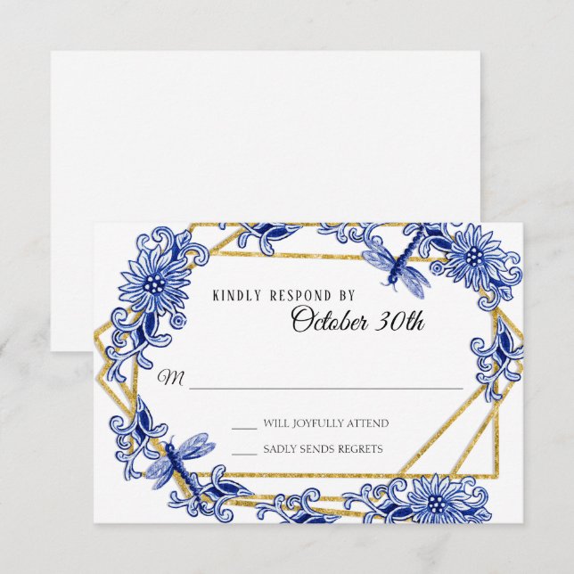 Invitation RSVP Influence Asiatique Bleu Ciel Or Libellule Fl (Devant / Derrière)