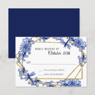 Invitation RSVP Influence asiatique bleu marine florale chino