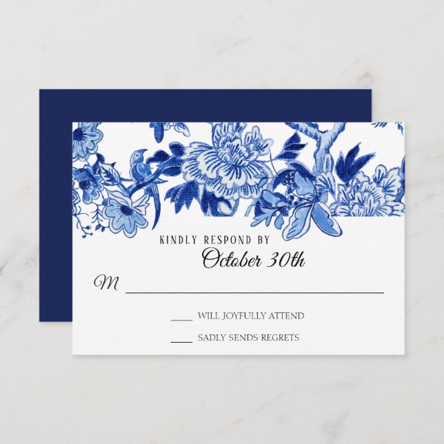 Invitation RSVP Influence Asiatique Bleu Nuit Floral Chinoise (Devant / Derrière)