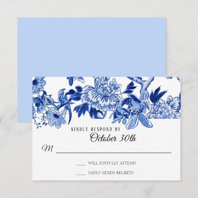 Invitation RSVP Influence Asiatique Fleurs Bleu Clair Chinois (Devant / Derrière)