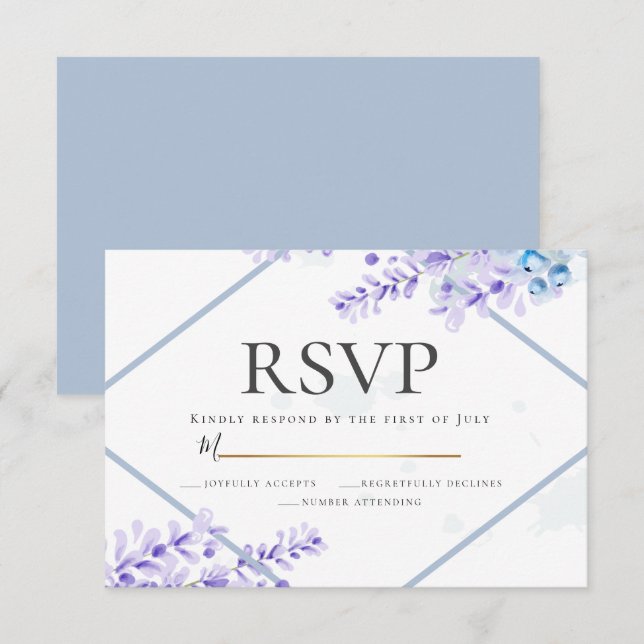 Invitation RSVP | Lavande d'aquarelle - Flore bleu poussiéreu (Devant / Derrière)