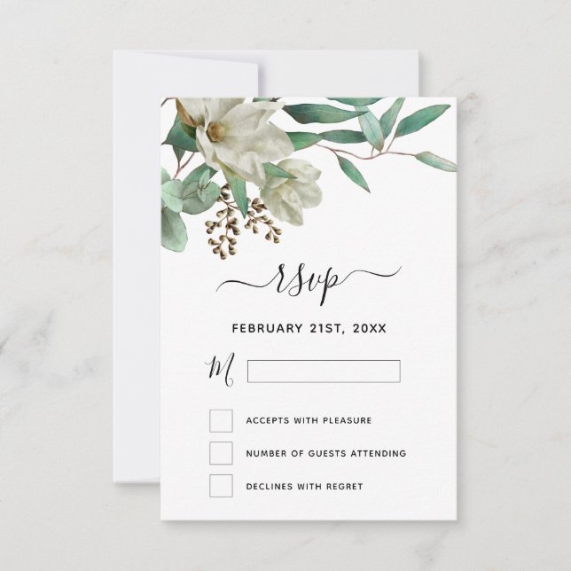 Invitation RSVP Magnolia Eucalyptus Aquarelle Élégante (Devant)