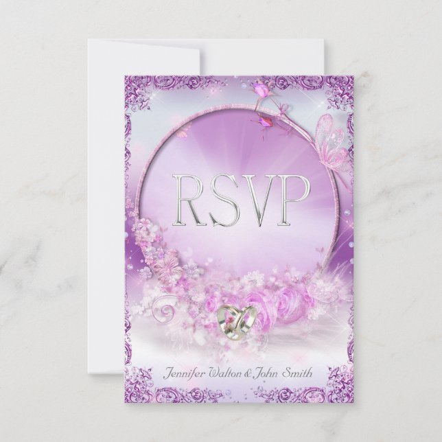 Invitation RSVP Mariage Anneaux Rose Lilas Papillon (Devant)