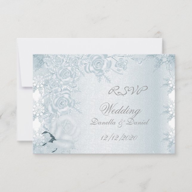 Invitation RSVP Mariage Blanc Argent Fleurs Roses Flocons de  (Devant)
