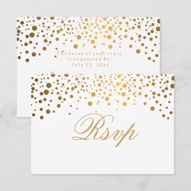 Invitation RSVP Mariage Blanc & Confettis Or Pointillé (Devant / Derrière)