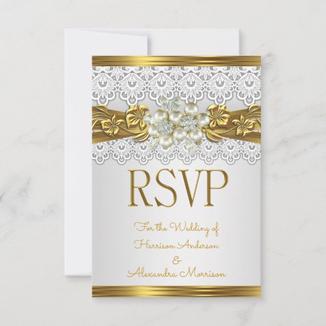 Invitation RSVP Mariage Blanc Perle Or Broderie Florale  (Devant)