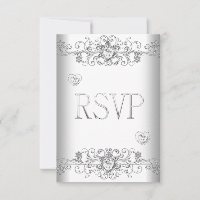 Invitation RSVP Mariage blanc pur Coeurs Diamants blancs (Devant)