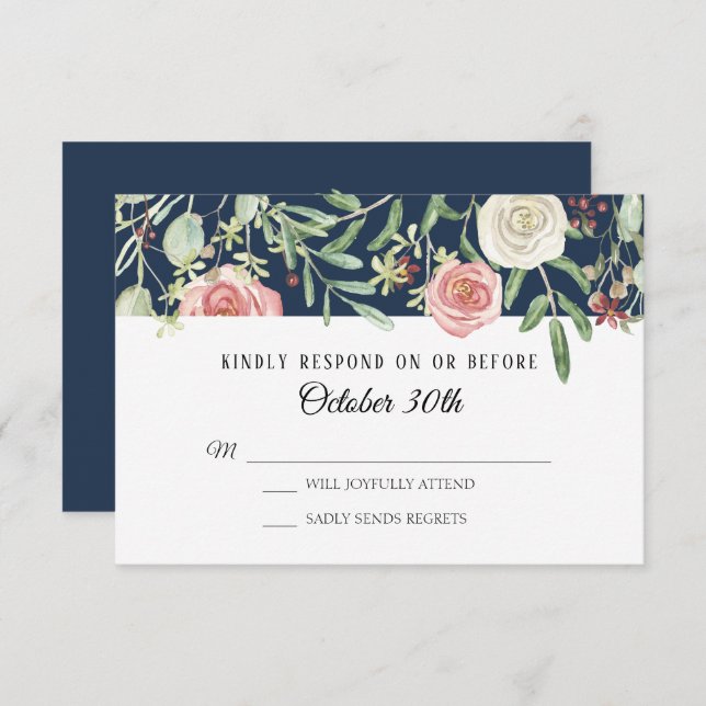 Invitation RSVP Mariage Bleu Marine Blush Ivoire Feuille de F (Devant / Derrière)