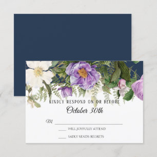 Invitation RSVP Mariage Bleu Marine Ivoire Rose Pivoine Fougè