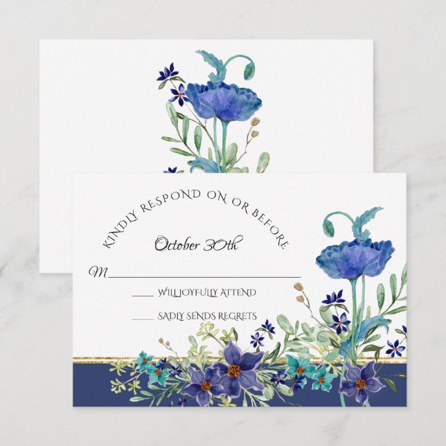 Invitation RSVP Mariage Bleu Poppy Feuillage Floral Aquarelle (Devant / Derrière)