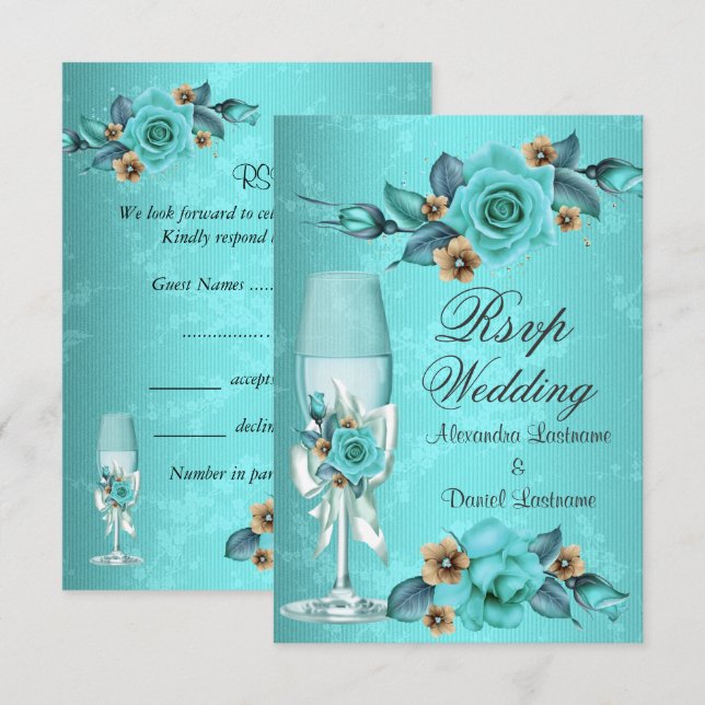 Invitation RSVP Mariage Bleu Sarcelle Roses Fleurs Champagne  (Devant / Derrière)