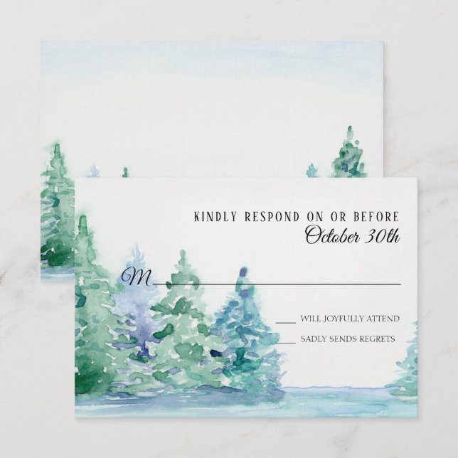 Invitation RSVP Mariage Blue Lake avec pins montagnards (Devant / Derrière)