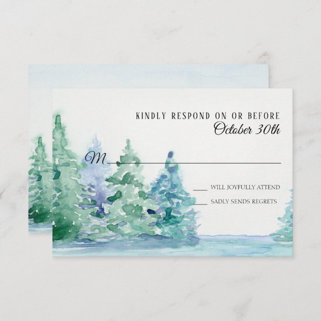 Invitation RSVP Mariage Blue Lake w Mountain Pine Trees (Devant / Derrière)