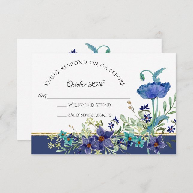 Invitation RSVP Mariage Blue Poppy Folithe Aquarelle Florale (Devant / Derrière)