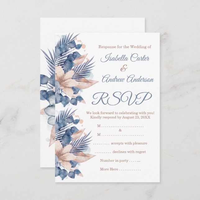 Invitation RSVP Mariage Blush Blue Peach Beige Floral Blanc (Devant / Derrière)
