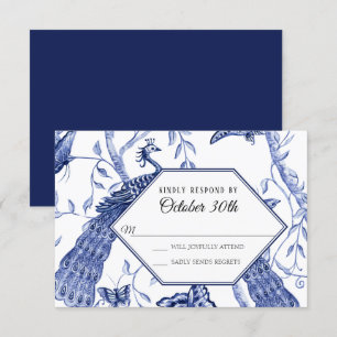 Invitation RSVP Mariage Chinoiserie Bleu Marine Paon Papillon