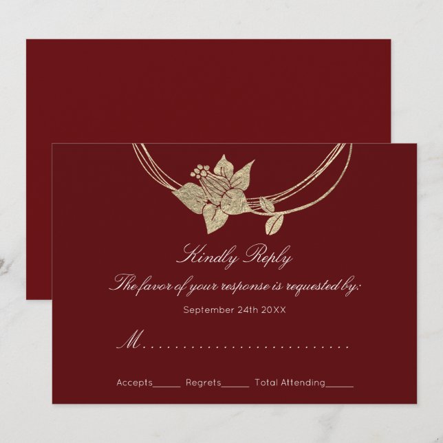 Invitation RSVP Mariage de couronnes florales d'or Burgundy M (Devant / Derrière)