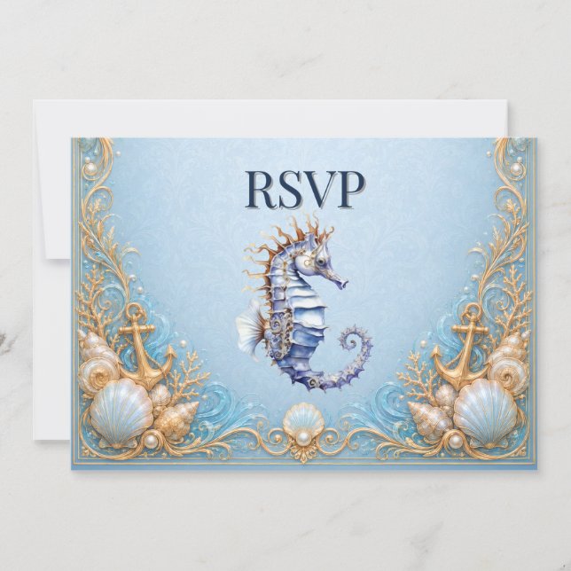 Invitation RSVP mariage de luxe hippocampe plage ancre étoile (Devant)