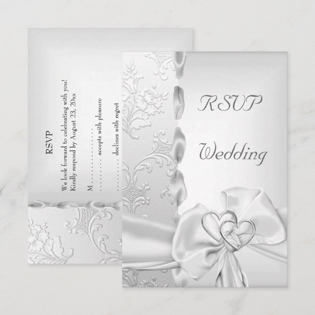 Invitation Rsvp Mariage Élégant Floral Ruban Argent Blanc Cœu (Devant / Derrière)
