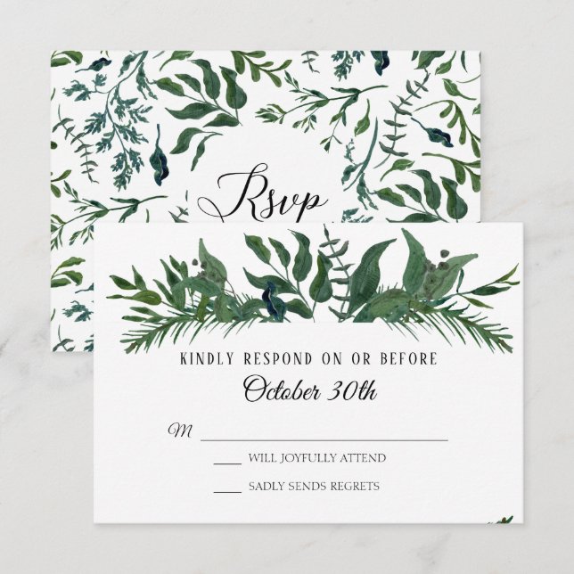 Invitation RSVP Mariage Feuillage de la Forêt d'Émeraude Feui (Devant / Derrière)