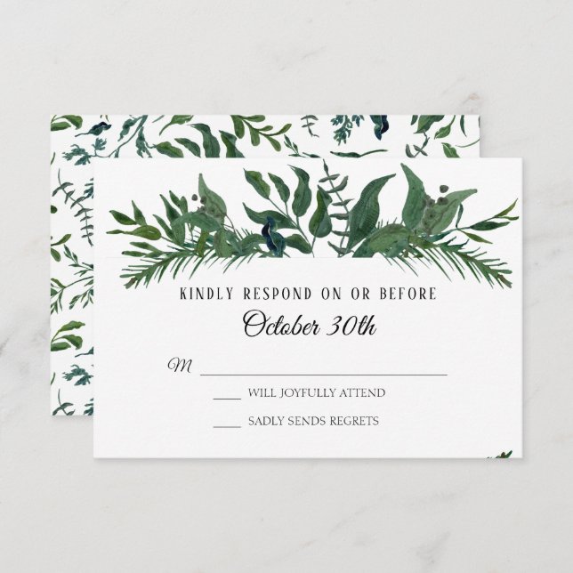 Invitation RSVP Mariage Feuillage de la forêt émeraude Feuill (Devant / Derrière)
