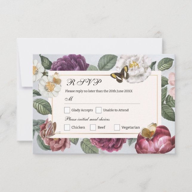 Invitation RSVP Mariage Fleur Floral Butterfly Vintage (Devant)