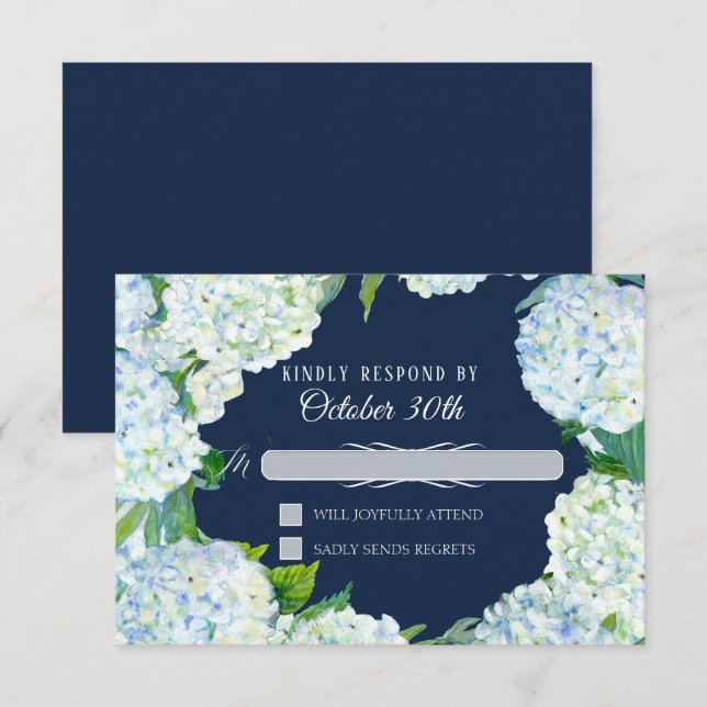 Invitation RSVP Mariage Fleur Hydrangea Blanc Bleu Marine (Devant / Derrière)
