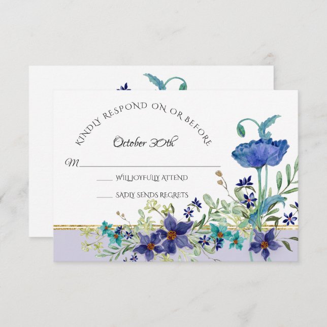 Invitation RSVP Mariage Fleurs Aquarelle Bleu Lavande Pavot (Devant / Derrière)